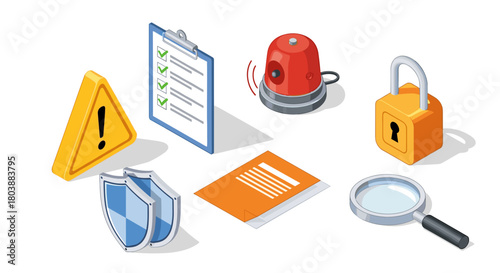 Security and Safety Icons Representing Protection and Alertness.