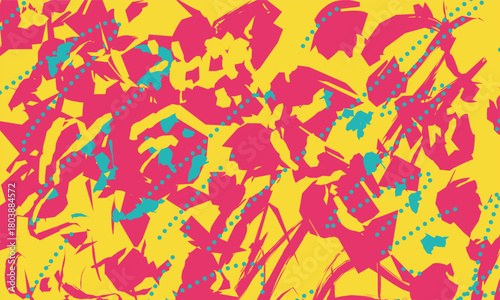 A vibrant and energetic abstract pattern featuring brushstroke, punctuated by dotted lines. The design incorporates a bold color palette, Perfect for backgrounds, textiles