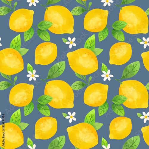 Watercolor lemons seamless pattern. Citrus design with yellow fruits and green leaves on blue background