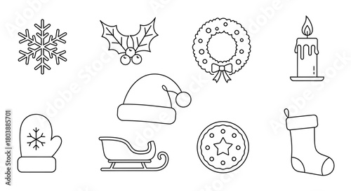 Outline Christmas Icons Set Festive Line Art Collection for Holiday Season Designs, Featuring Winter Symbols and Traditional Decor Elements for Digital and Print Media