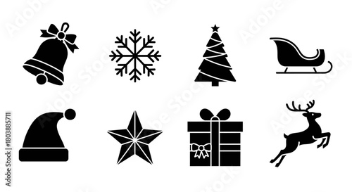 Black Christmas Icons Bell, Snowflake, Tree, Sleigh, Hat, Star, Gift, Reindeer for Holiday Season Whisk_dc4f37ef9ded09b81264f71de9259075dr