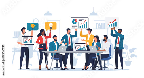 A diverse corporate team collaborating on business strategy, presenting data analytics and growth charts for a successful project meeting