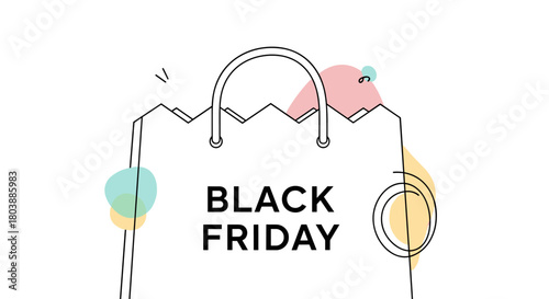 A minimalist illustration featuring a shopping bag with the text 'Black Friday' surrounded by abstract pastel shapes, representing retail sales and seasonal promotions.