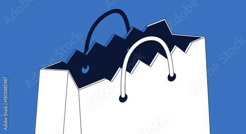 A clever visual metaphor combining a shopping bag and a shark fin, representing consumerism, risk, or hidden dangers in retail therapy, illustrated in a flat style.