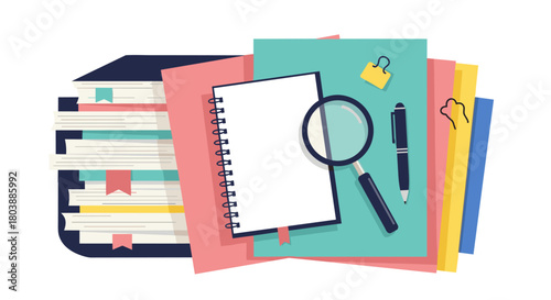 A colorful arrangement of books, notebooks, a magnifying glass, and stationery suggests research, learning, and academic pursuits.