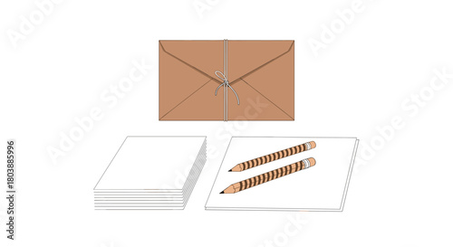 Stationery set with brown envelope, blank papers, and two pencils, ready for correspondence or creative work, isolated on white background.