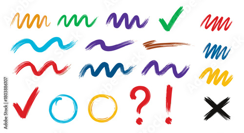 Colorful hand-drawn doodle elements including checkmarks, squiggles, circles, question marks, and an x mark, perfect for creative projects and design work.