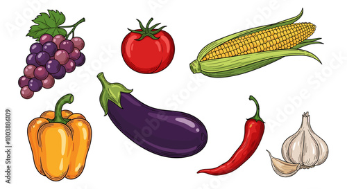 A colorful collection of fresh produce including grapes, tomato, corn, bell pepper, eggplant, chili pepper, and garlic, beautifully illustrated in a vintage style.