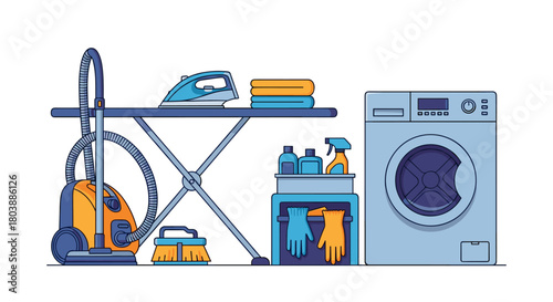 A colorful illustration depicting common household cleaning tools and appliances, including a vacuum cleaner, ironing board, washing machine, and cleaning supplies.