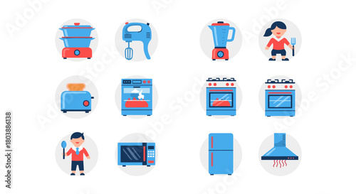 Colorful flat lay illustration of kitchen appliances and people cooking, representing home cooking, food preparation, and a modern kitchen lifestyle.