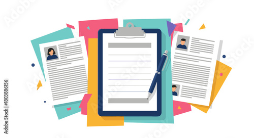 A collection of resumes and a clipboard with a pen suggest the hiring process, job applications, recruitment, or human resources management.
