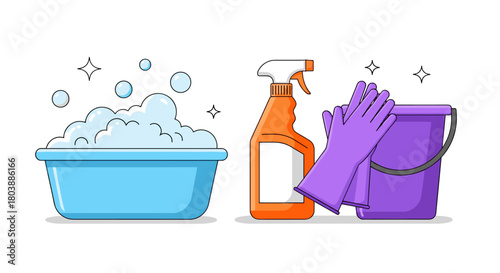 Colorful cleaning supplies arranged for household chores, including a bubbly basin, spray bottle, bucket, and protective gloves, ready for use.