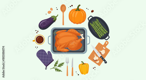 Festive Thanksgiving dinner preparation with roasted turkey, seasonal vegetables, and cooking utensils arranged in a flat lay composition.