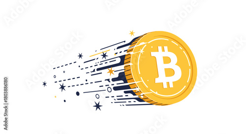A vibrant illustration of a golden bitcoin coin speeding forward with a dynamic trail of sparkling stars and blue energy lines, symbolizing fast digital transactions.