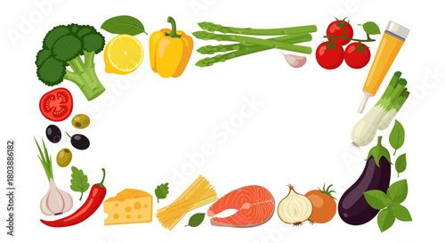 A vibrant rectangular frame composed of fresh vegetables, fruits, and healthy food ingredients, creating a colorful and appealing border design.