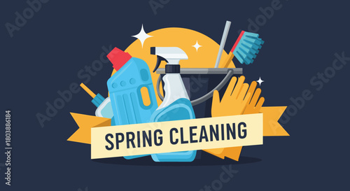 A colorful illustration depicting various cleaning supplies arranged around a banner that reads 'Spring Cleaning', symbolizing a fresh start and thorough home upkeep.
