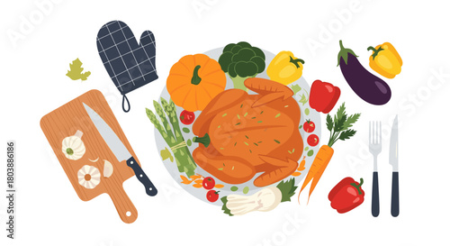 Festive overhead view of a roasted turkey surrounded by colorful autumn vegetables and cooking utensils, ready for a delicious meal.