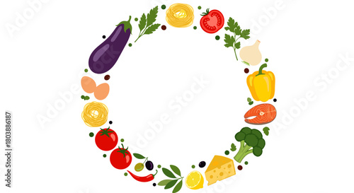 A vibrant circular arrangement of fresh produce and healthy food items creates a colorful frame, representing a balanced diet and wholesome eating habits.