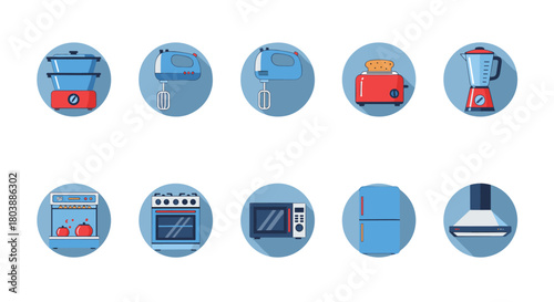 Colorful flat lay illustration of various kitchen appliances including a steamer, mixer, toaster, blender, oven, microwave, refrigerator, and range hood.