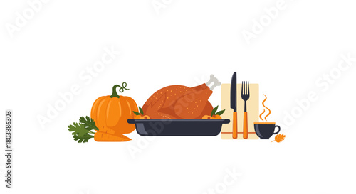 Festive Thanksgiving dinner illustration featuring a roasted turkey, pumpkin, and warm beverage, perfect for holiday greetings and seasonal celebrations.