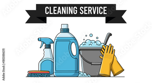 Colorful illustration of cleaning supplies including spray bottle, detergent, bucket, brush, and rubber gloves advertising a cleaning service.