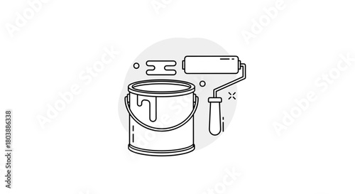 A minimalist line art illustration depicts a paint bucket with an open lid and a paint roller resting beside it, suggesting home renovation or decoration.