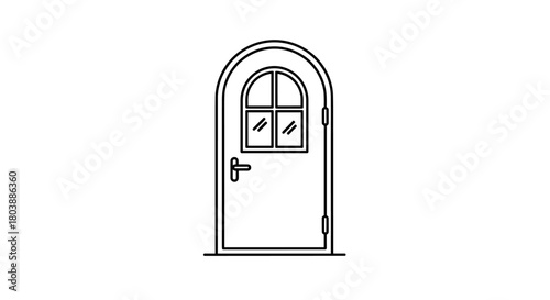 Simple line art illustration of an arched doorway with a window and handle, representing entrance, home, or access, in a minimalist style.