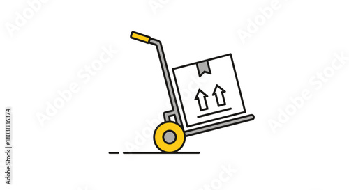 A colorful illustration depicts a hand truck or dolly carrying a cardboard box with upward-pointing arrows indicating fragile contents, representing shipping or logistics.