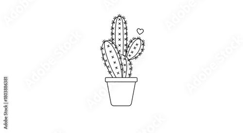 Charming line art illustration of a potted cactus with a small heart floating nearby, perfect for botanical designs and cheerful home decor concepts.