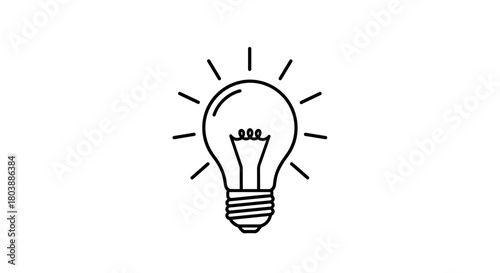 A simple line drawing of a glowing lightbulb with radiating lines suggesting illumination and a bright idea, symbolizing innovation and creativity.