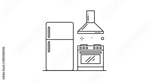 Minimalist line art illustration of a modern kitchen featuring a refrigerator, stove, and range hood, representing home appliances and cooking spaces.