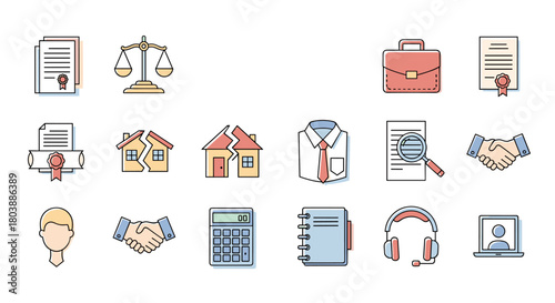A colorful collection of legal and business icons representing concepts like law, finance, agreements, and customer service, ideal for illustrating professional themes.