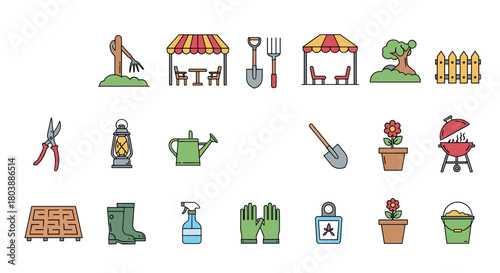Colorful vector icons depicting various gardening tools, outdoor furniture, and decorative elements for backyard and landscaping projects.