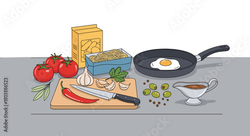 A colorful still life featuring ingredients for a pasta dish, including tomatoes, garlic, spaghetti, an egg frying in a pan, and a sauce boat, ready for cooking.
