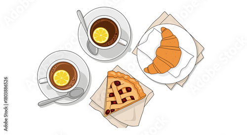 A delightful breakfast spread featuring two cups of coffee with lemon, a flaky croissant, and a slice of berry pie, presented on a white surface.