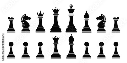 Chess Silhouette Icon Set Featuring Classic Game Pieces – Minimal Strategy Figure Collection for Board Game Graphics, Educational Materials, UI Design Elements, and Clean Modern Vector Illustration Pa