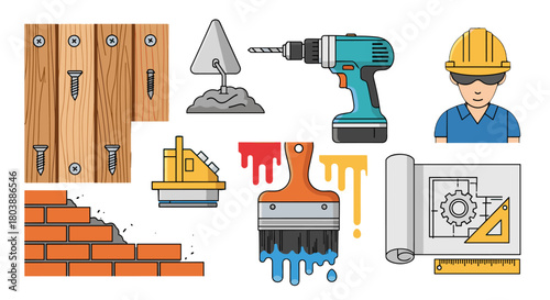 Colorful illustration depicting various construction tools and elements, including a drill, paintbrush, blueprints, and a worker, representing the building trades.