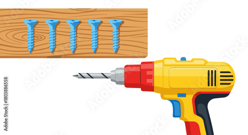 A colorful illustration depicts a yellow and red power drill positioned to drive a screw into a wooden plank with other screws nearby.