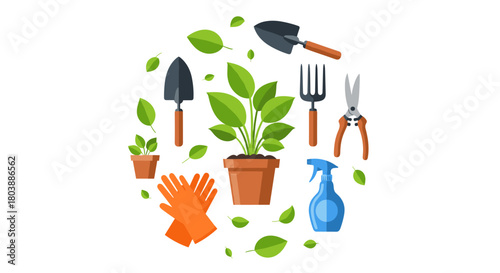 A colorful arrangement of gardening tools and plants in a circular design, representing horticulture and springtime activities.