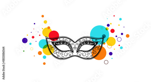 Elegant masquerade mask with colorful confetti background, perfect for carnival, parties, or mysterious events, creating a festive and intriguing atmosphere.