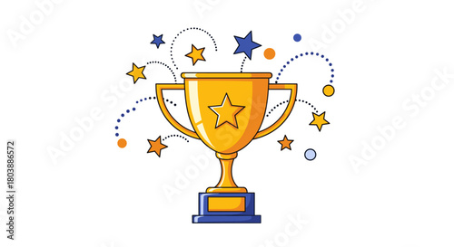 A golden trophy with a star emblem is surrounded by celebratory stars and confetti, symbolizing achievement, victory, and success in competition or excellence.
