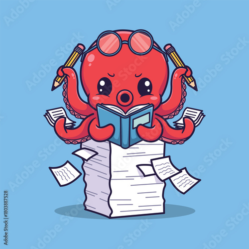 Cute Studying Octopus Vector Illustration with Glasses, Papers, and Books on Light Blue Background