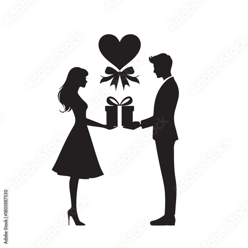 Couple exchanging a gift silhouette