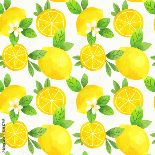 Citrus design with yellow fruits and green leaves. Watercolor lemons seamless pattern.