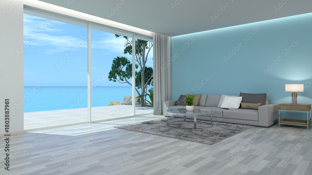 Naklejka premium Image of the interior of the living room with a view of the sea on a clear day with bright sunlight. 3d illustration.