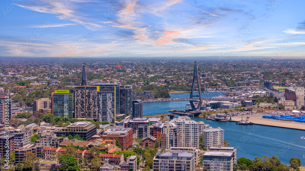 Naklejka premium 18 November 2025 Panoramic night view of Sydney Harbour and City Skyline of NSW Australia beautiful colourful skies on a beautiful spring day