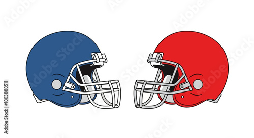 Two football helmets one blue and one red facing each other with white facemasks