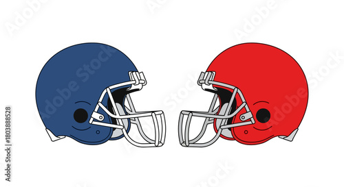 Two football helmets one blue one red face each other on a white background