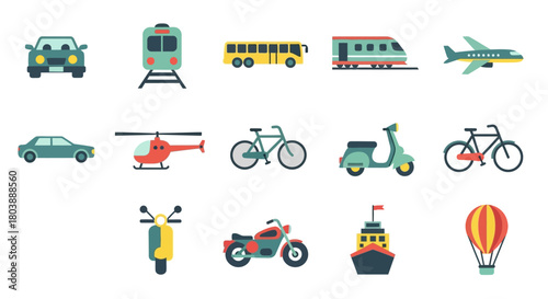 Varied transport icons car train bus plane helicopter bike boat motorcycle and hot air balloon