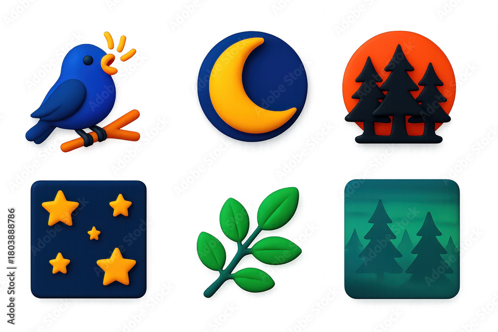 Fototapeta premium Moonlit Woodland Icons. 3D icon set of woodland at night: singing bird, crescent moon, silhouetted trees, starry sky, quiet branch